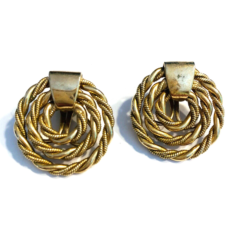 Napier Gold Tone Round Rope Texture Clip On Earrings Signed Vintage Mid Century